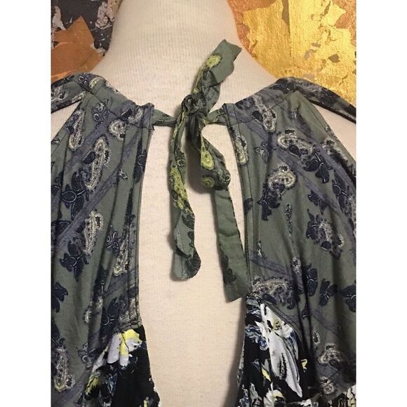 Free People Womens Large Cold Shoulder Blouse Top Black Yellow Floral Tie-Neck - Picture 6 of 6